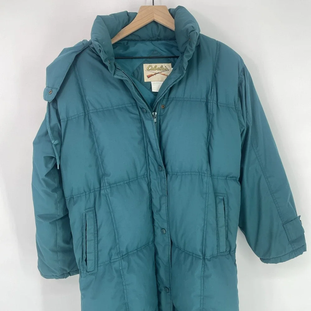 Vintage 90s Cabela's Quilted Down Parka Full Length Long Women's L‎ Hooded Teal